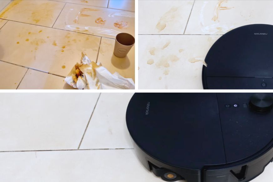 Roborock Saros 20 Flow wischt eingetrocknetes Ketchup und Kaffee auf einem Hartboden